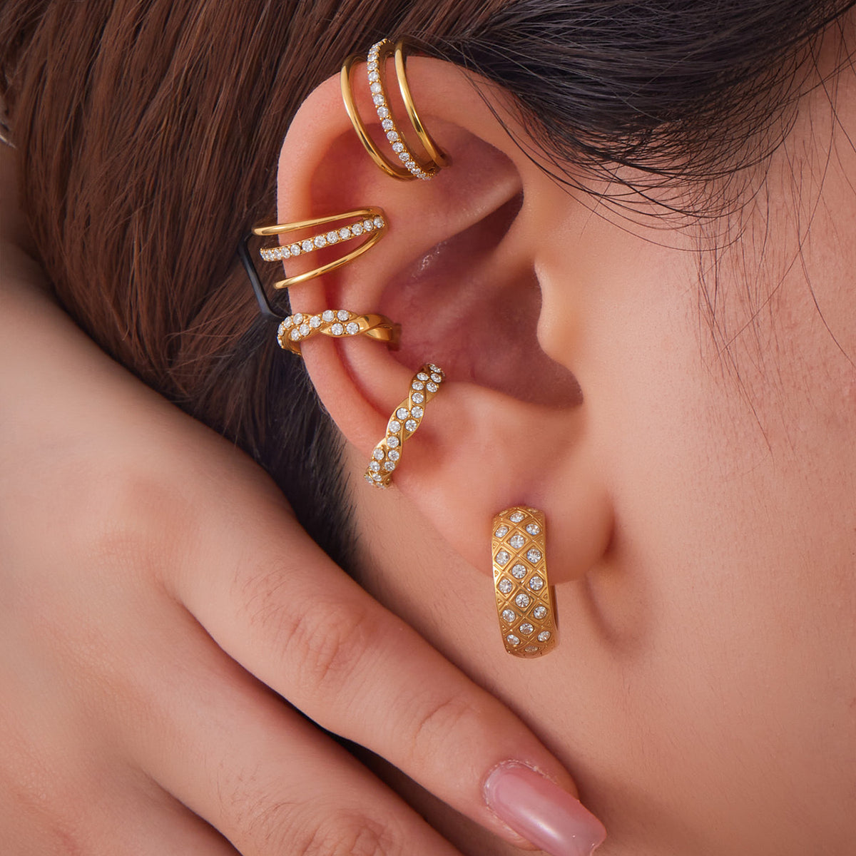 B廠-歐美跨境新款飾品不鏽鋼鑲鋯石三層耳骨夾耳飾簡約時尚耳環「F428-F421」25.08-5