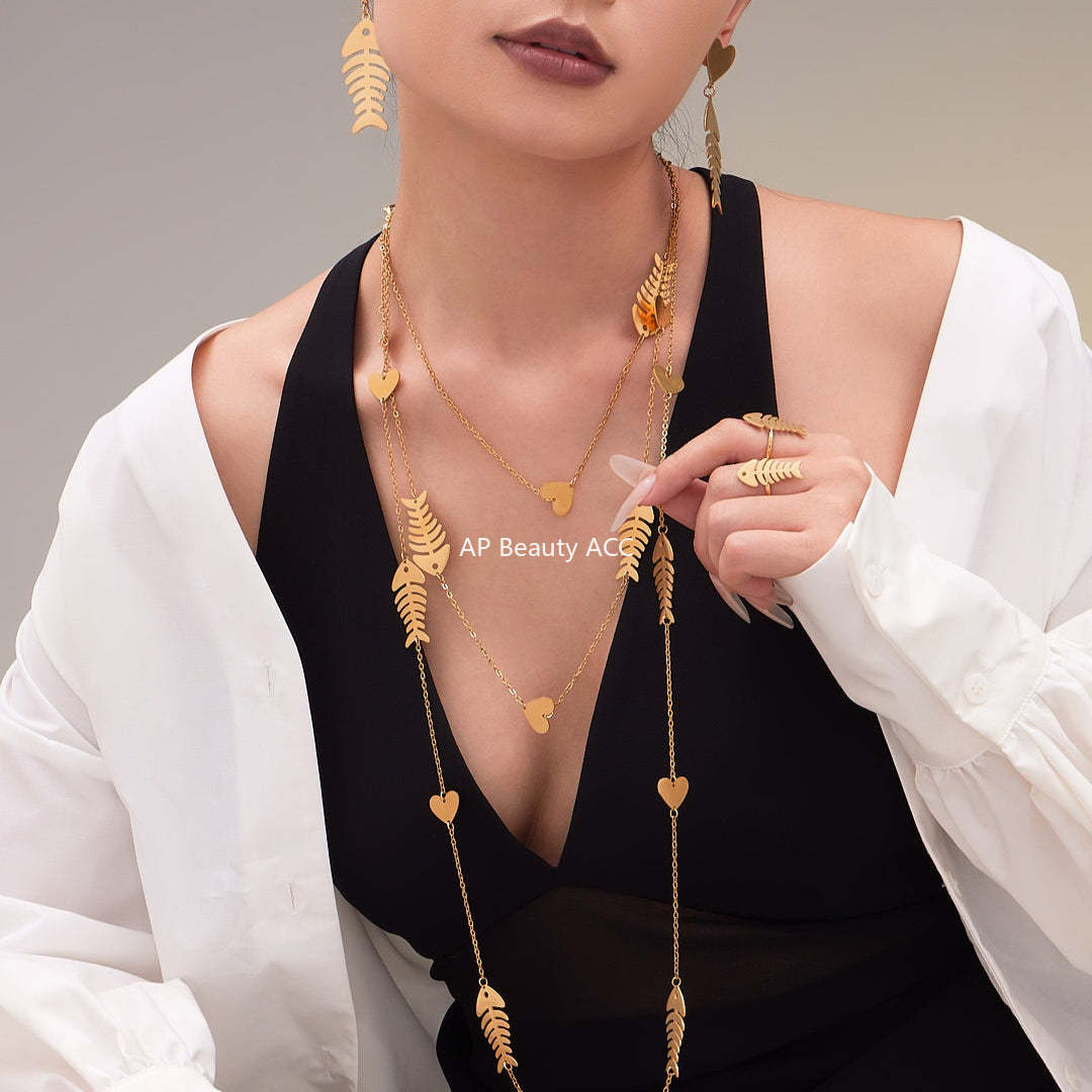 B廠-不鏽鋼18k鍍金魚骨愛心項鍊耳環戒指歐美氣質珠寶首飾套裝「TXP459」25.10-5