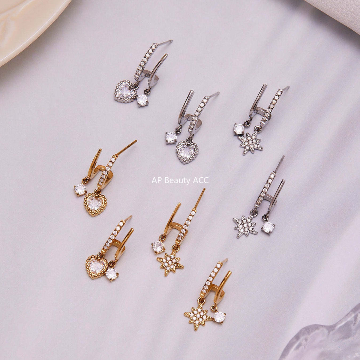 B廠-不鏽鋼5A鋯石雙層爪鑽超閃八芒星吊墜耳環跨境氣質百搭耳飾「F1327」25.10-5