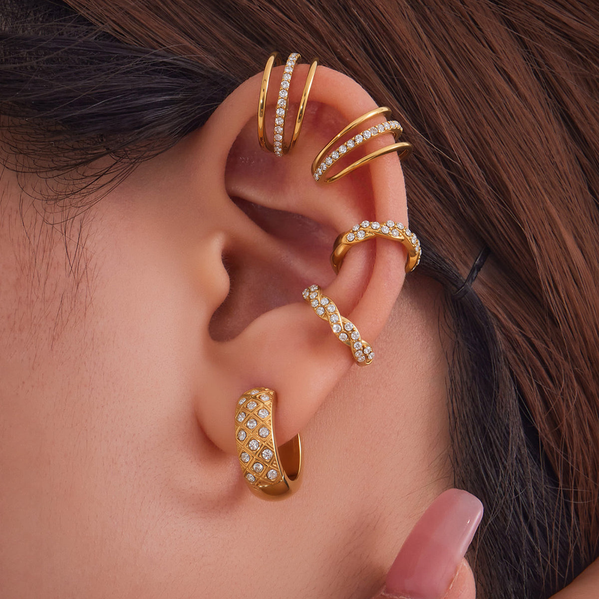 B廠-歐美跨境新款飾品不鏽鋼鑲鋯石三層耳骨夾耳飾簡約時尚耳環「F428-F421」25.08-5