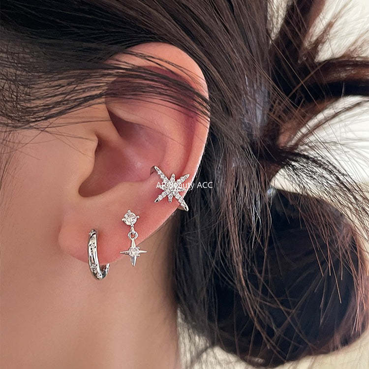 C廠-925銀針四芒星耳環女小眾設計百搭鋯石耳圈高級感個性疊戴風耳飾「EH-3972」25.10-5