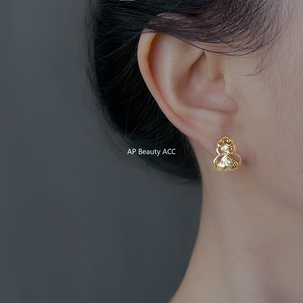 A廠-原創 福祿時尚高級感新中式紋樣925銀針鍍14K微鑲鋯石葫蘆耳釘「6867」25.10-1