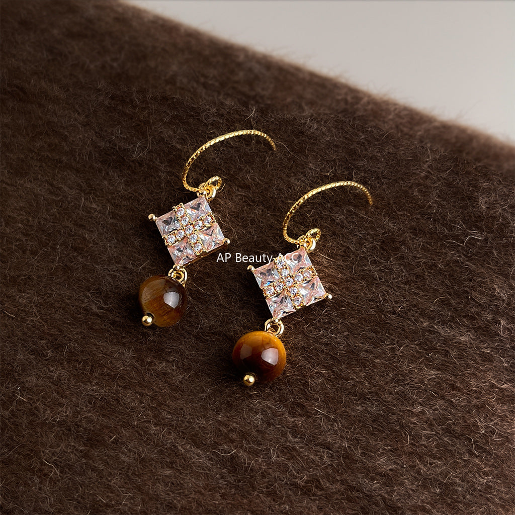 A廠-微鑲鋯石秋冬新款天然石虎眼石美拉德風時尚高級感耳飾工廠耳環女「6874」25.10-1