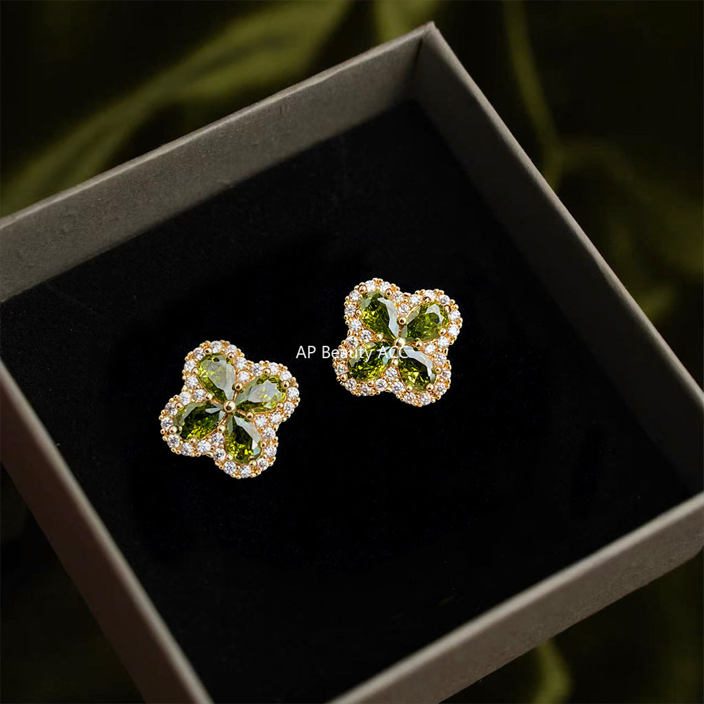 A廠-高級感微鑲鋯石橄欖綠925銀針時尚通勤日常新款百搭耳釘「6829」25.10-1