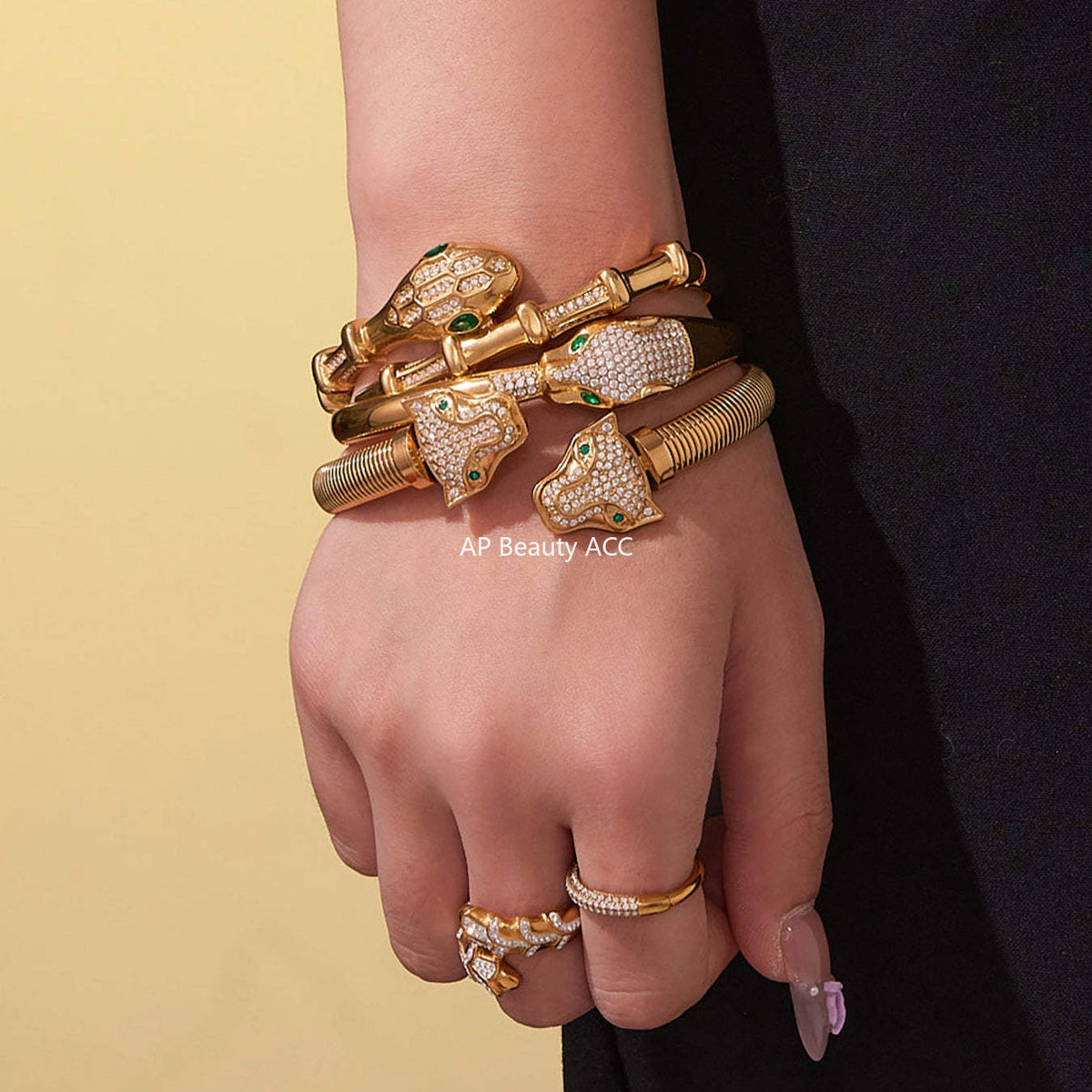 B廠-歐美新款雙豹子頭滿鑽5A鋯石開口彈力手鐲不鏽鋼鍍18k真金「Z506-Z507-Z508」25.10-5