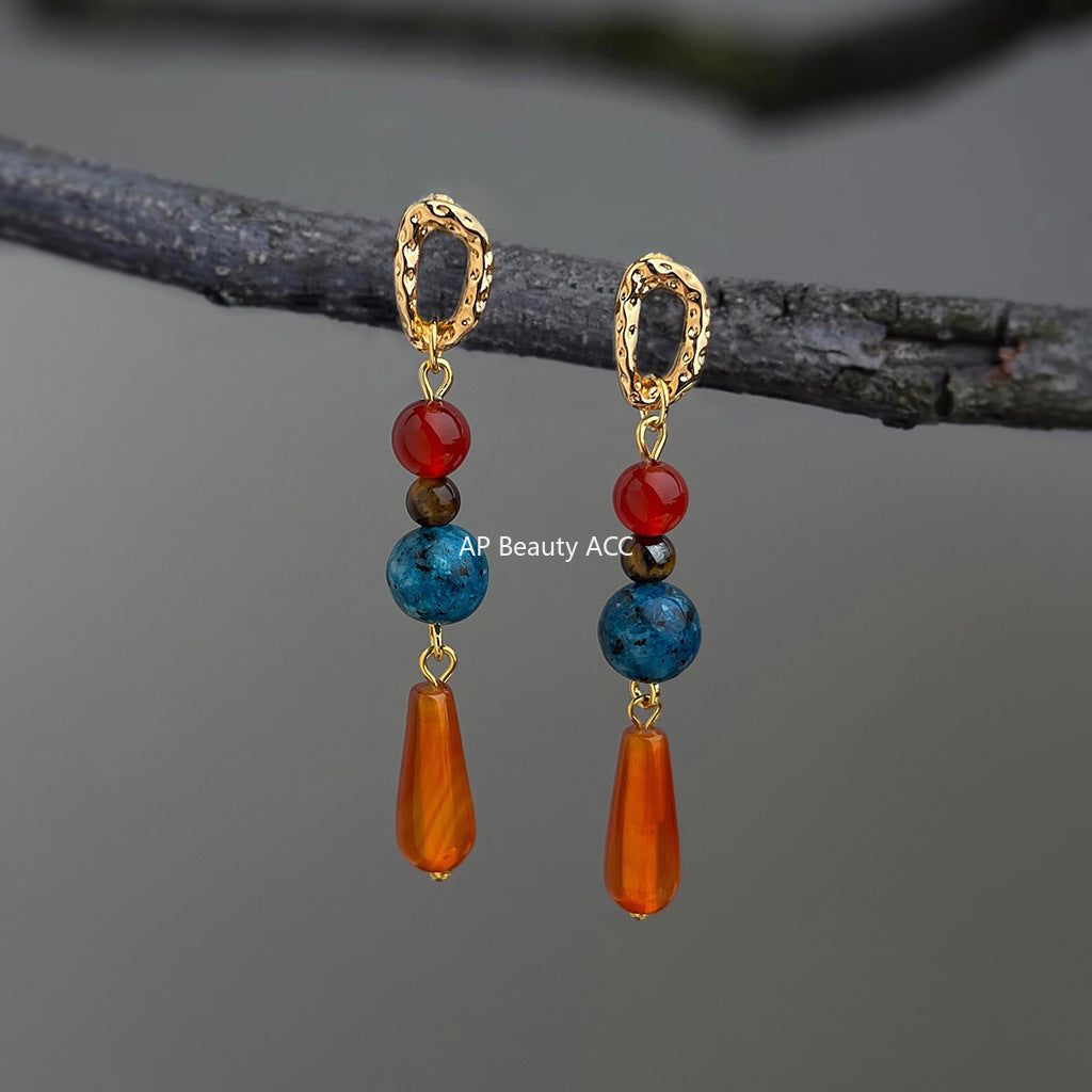 A廠-文藝復古設計師款天然石紅瑪瑙長款水滴流蘇新款耳環工廠耳環飾品「6929」25.10-3