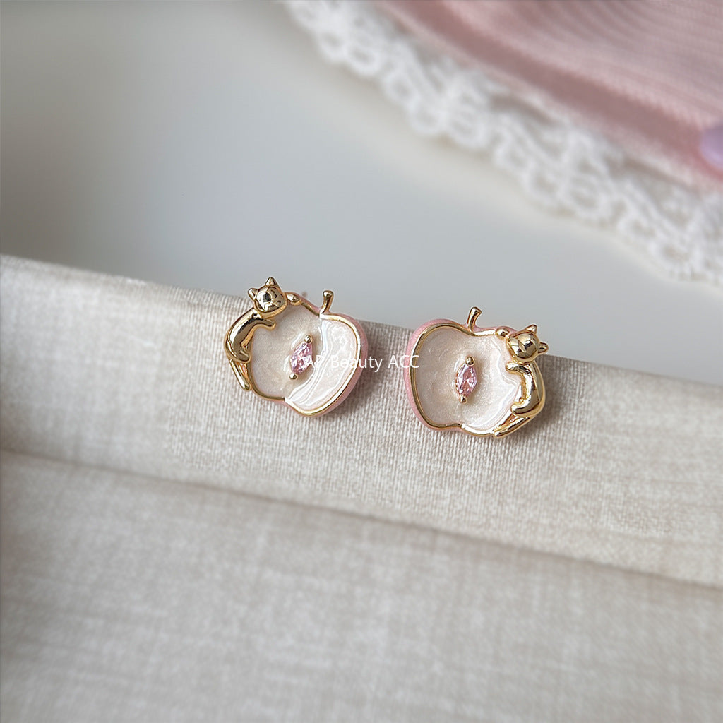 A廠-原創設計師款蘋果與貓咪925銀針琺瑯滴釉彩繪鋯石耳環耳飾女「6895」25.10-2