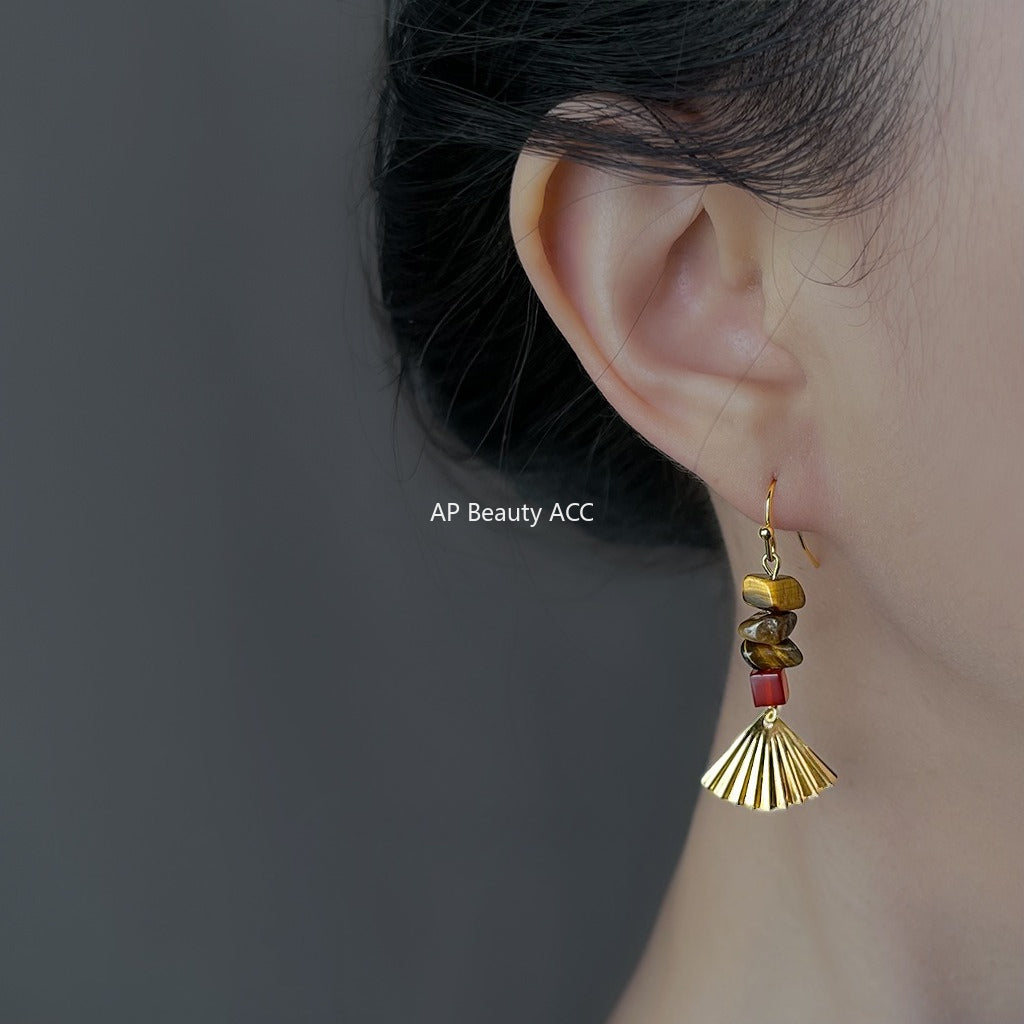 A廠-文藝復古天然石虎眼石手工藝設計感新款扇子耳飾工廠耳環女「6862」25.10-1