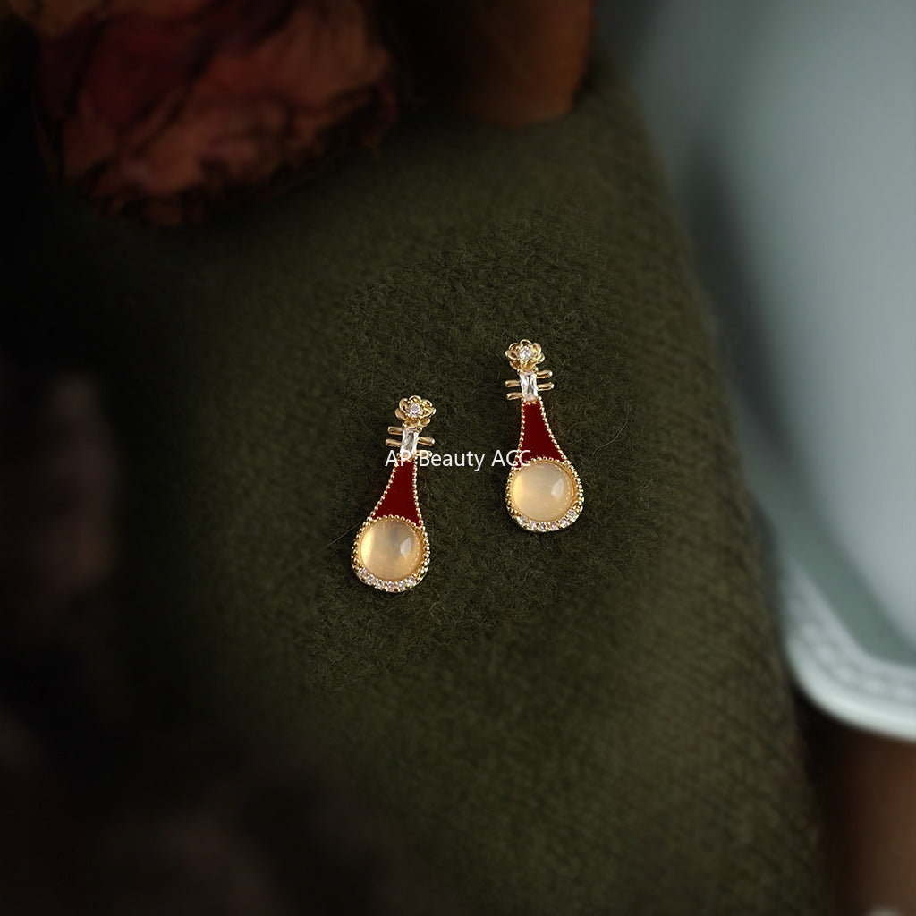 A廠-原創琵琶~瑪瑙文藝氣質微鑲鋯石925銀針琺瑯滴釉酒紅色耳釘耳飾女「6836」25.10-3