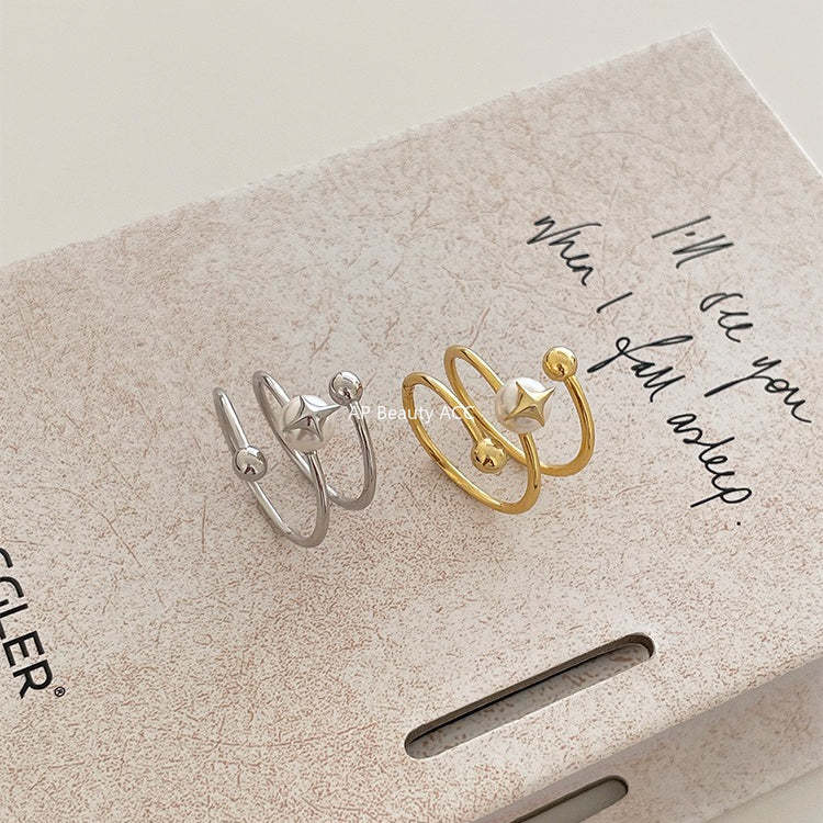 C廠-法式氣質名媛高級感珍珠戒指女百搭純銀疊戴風旋轉四芒星食指戒「JZ-0715」25.10-5