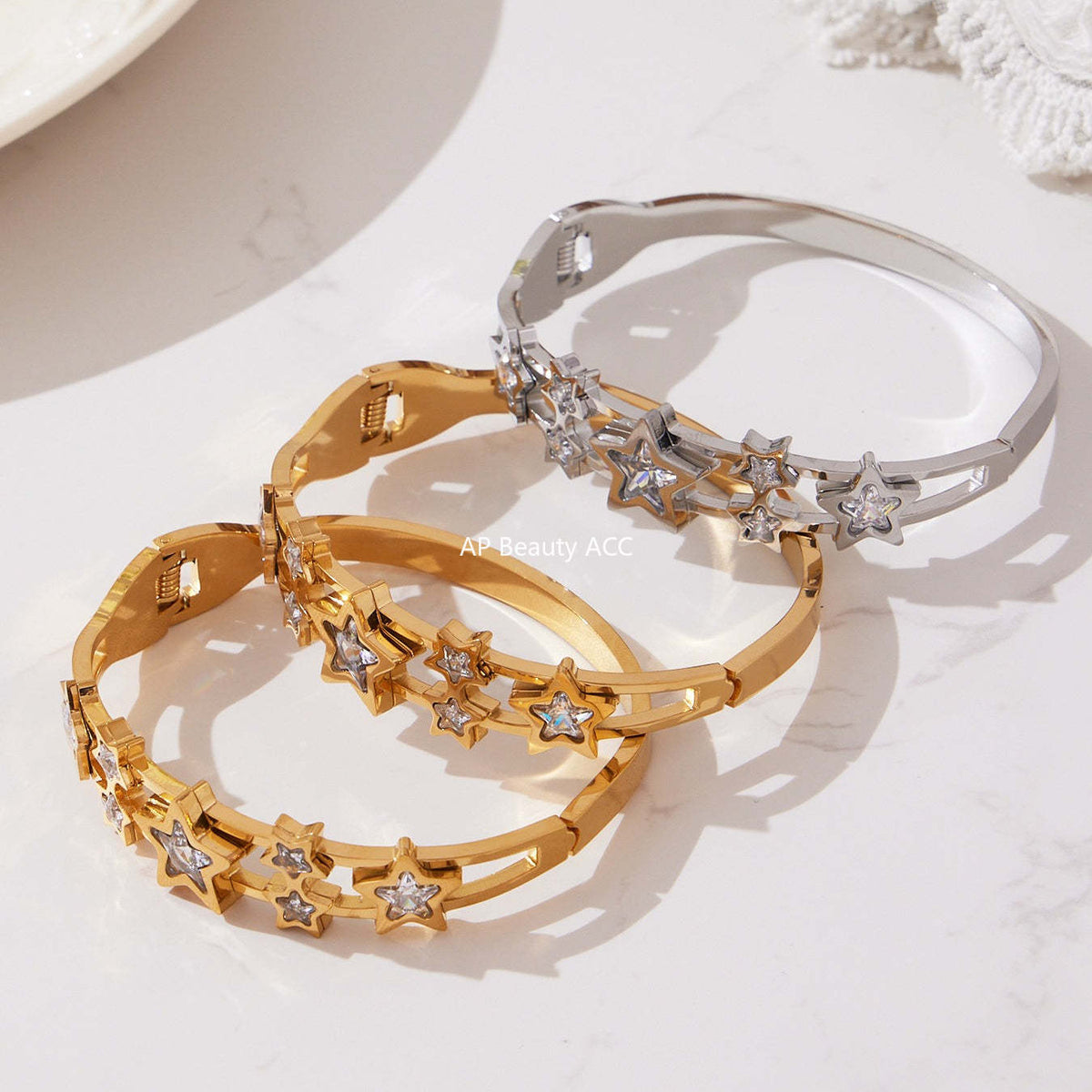 B廠-超閃5A鋯石五角星彈簧卡扣手鐲不鏽鋼材質鍍18k真金不掉色「Z500-Z501-Z502」25.10-5