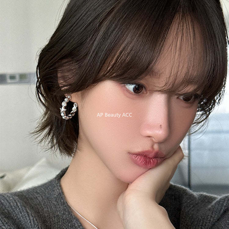 C廠-小香風珍珠耳圈女輕奢ins甜美百搭星星鋯石銀針耳環高級感新耳飾「EH-4113」25.10-5