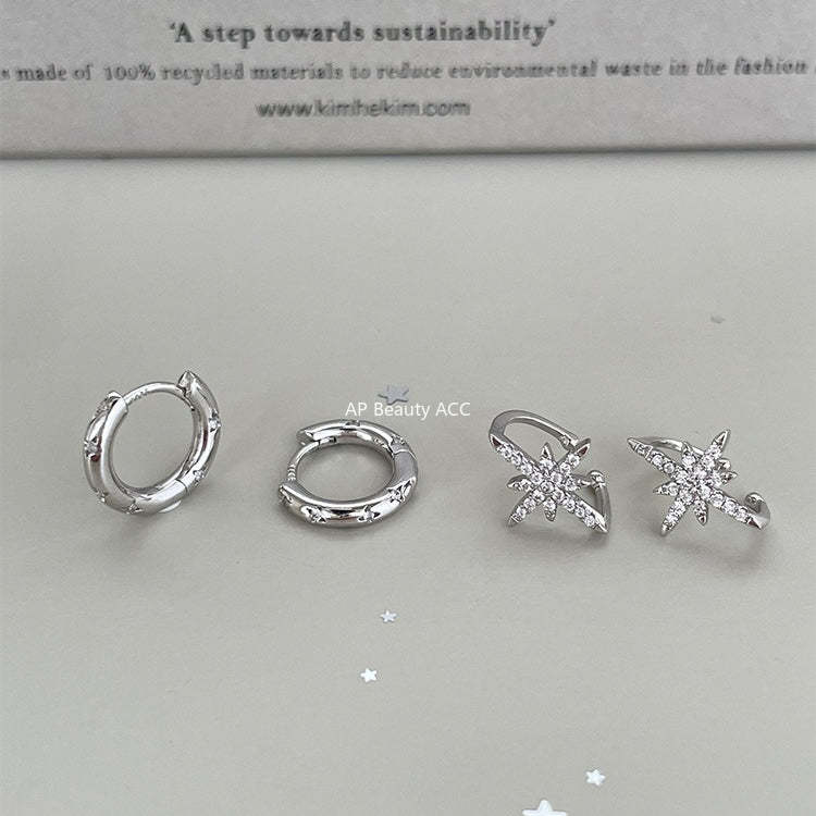 C廠-925銀針四芒星耳環女小眾設計百搭鋯石耳圈高級感個性疊戴風耳飾「EH-3972」25.10-5