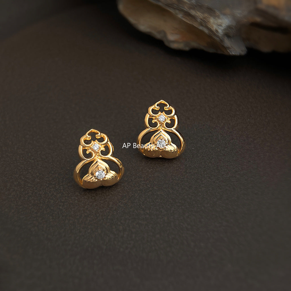 A廠-原創 福祿時尚高級感新中式紋樣925銀針鍍14K微鑲鋯石葫蘆耳釘「6867」25.10-1