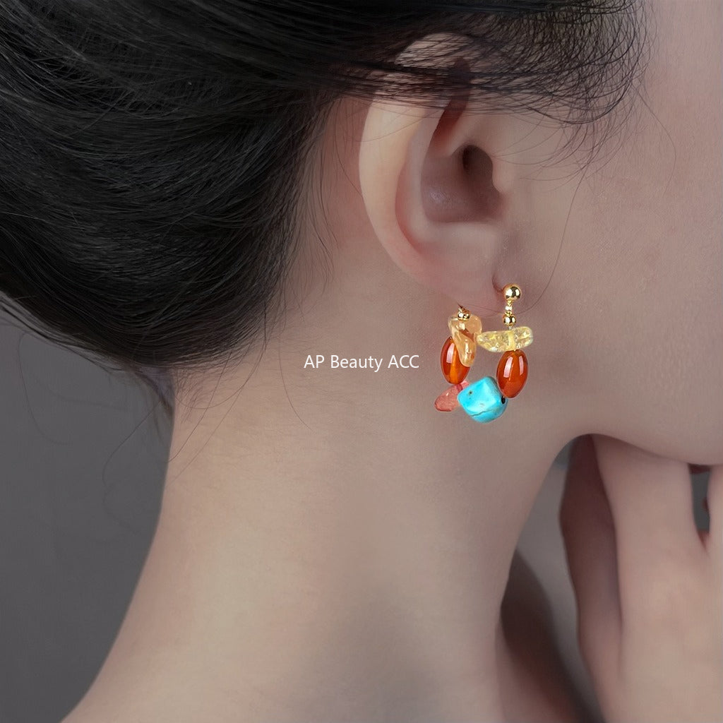 A廠-天然石紅瑪瑙手工藝設計感手工耳環民族風新款耳飾工廠飾品批發「S17」25.10-3