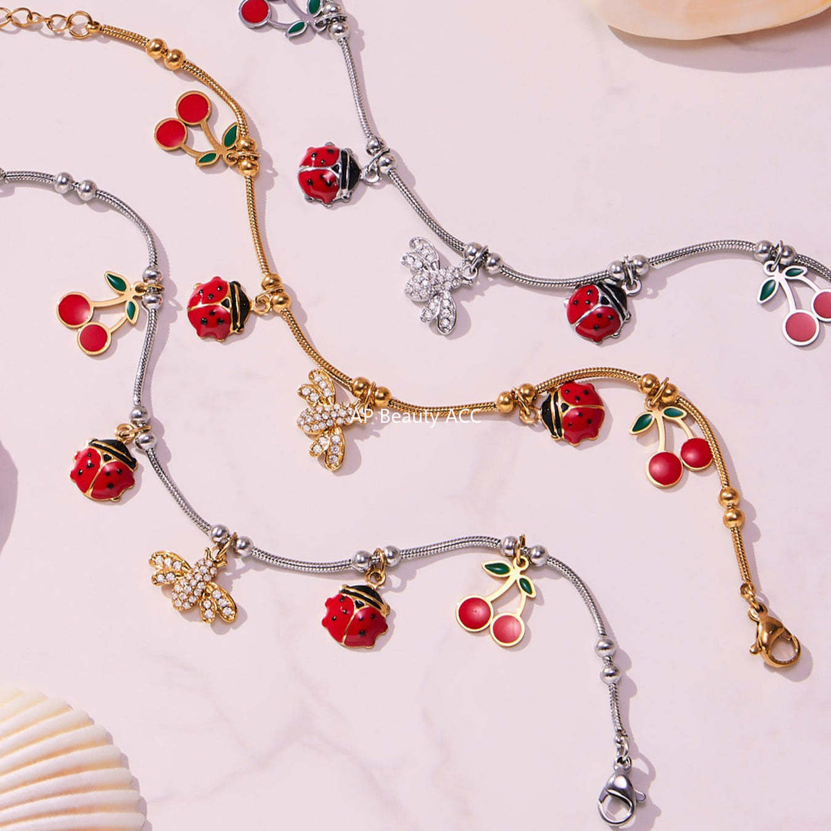 B廠-超閃5A鋯石蜜蜂昆蟲DIY多吊墜手鍊可愛櫻桃不鏽鋼材質飾品「E130-E160」25.10-5