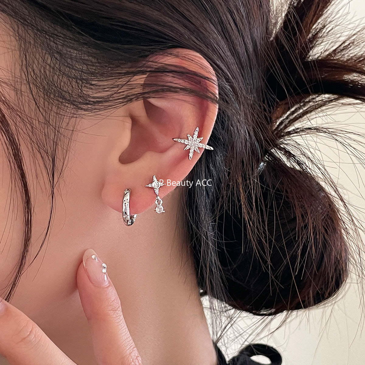 C廠-925銀針四芒星耳環女小眾設計百搭鋯石耳圈高級感個性疊戴風耳飾「EH-3972」25.10-5