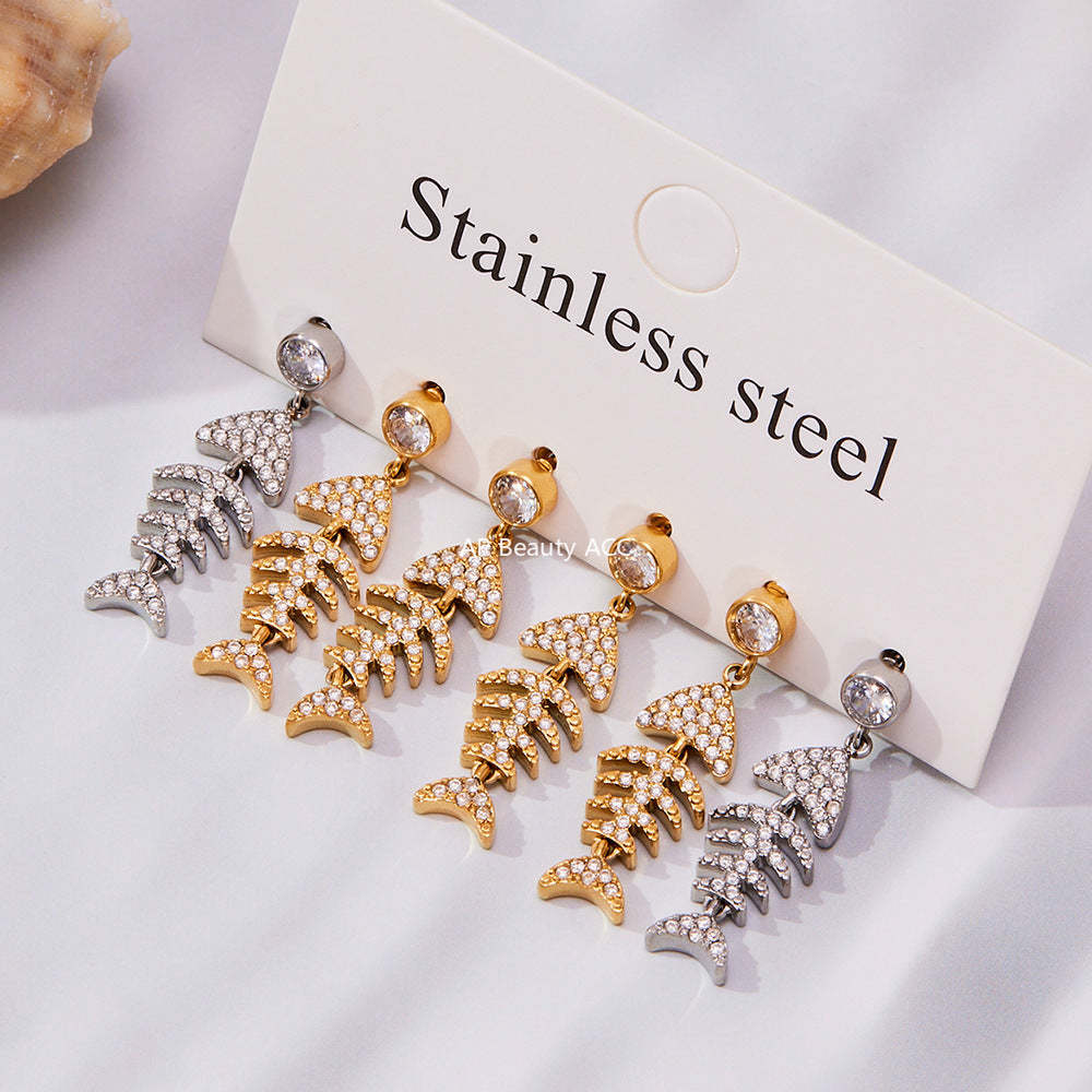 B廠-跨境新款魚骨造型滿鑽鋯石超閃耳環不鏽鋼鍍18k真金不掉色「F1123-F983」25.10-5