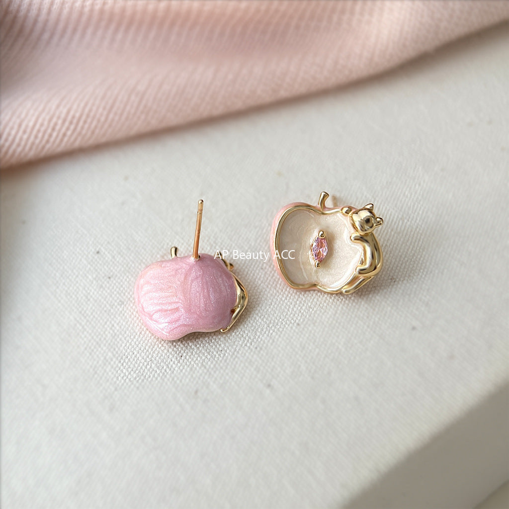 A廠-原創設計師款蘋果與貓咪925銀針琺瑯滴釉彩繪鋯石耳環耳飾女「6895」25.10-2
