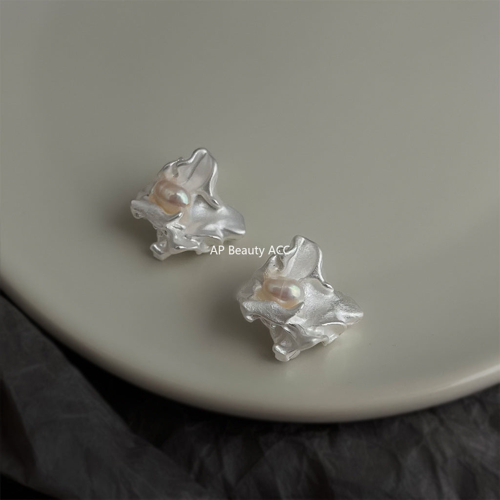 A廠-煙雨小眾設計誇張不規則淡水珍珠液態銀色個性新耳飾工廠耳環女「6852」25.10-3