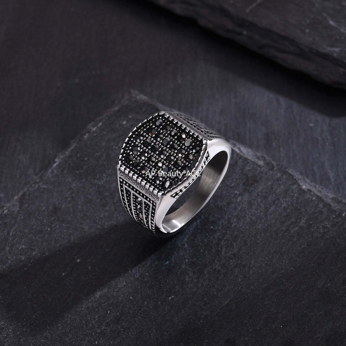 G廠-首飾印章不鏽鋼黑鋯石鑄造戒指男士飾品「RC689」25.10-5