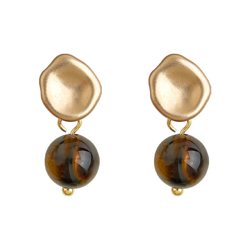 A廠-文藝復古天然石虎眼石925銀針時尚高級感簡約圓形幾何耳飾 耳環女「6994」25.10-5