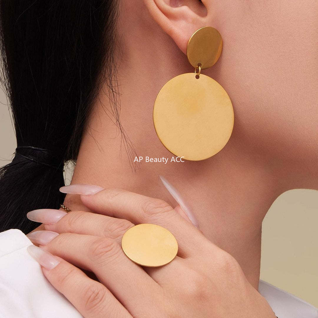 B廠-歐美簡約不鏽鋼大小圓圈項鍊耳環戒指套裝鍍18k金珠寶首飾「TXP458」25.10-5