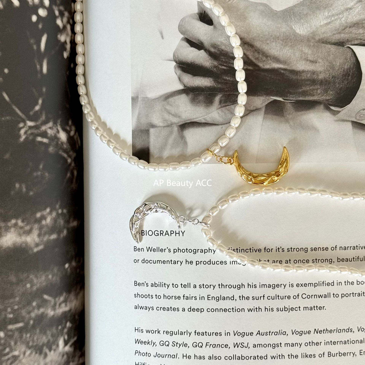 F廠-韓國韓版飾品925純銀項鍊褶皺波紋月亮人造珍珠項鍊頸鏈「B869」25.10-5