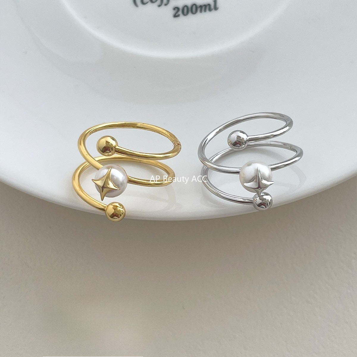 C廠-法式氣質名媛高級感珍珠戒指女百搭純銀疊戴風旋轉四芒星食指戒「JZ-0715」25.10-5