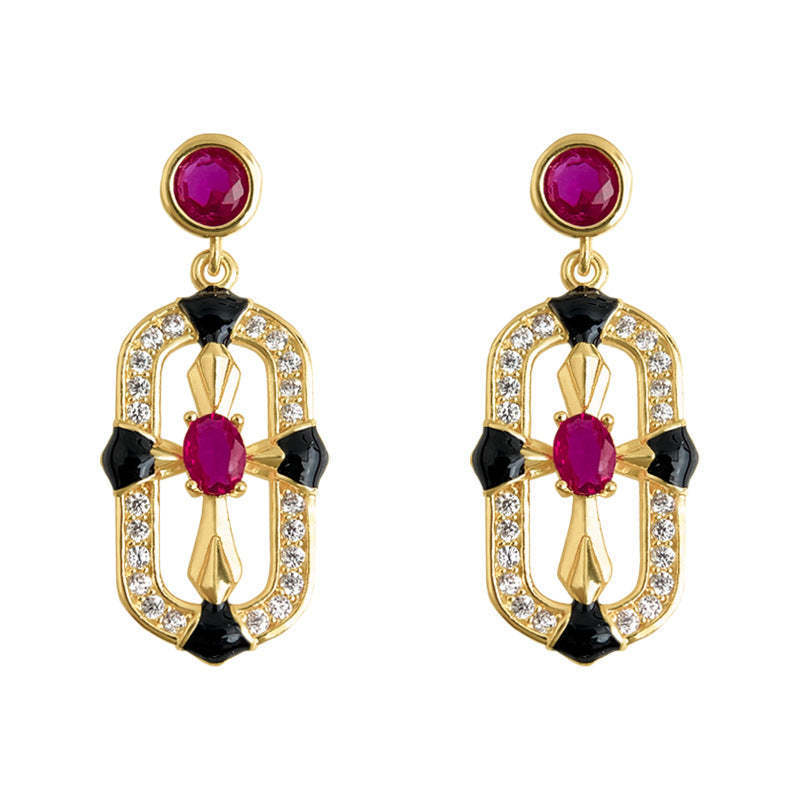 A廠-原創時尚高級感設計師款微鑲鋯石玫紅色小香風新款銀針耳飾耳環女「6985」25.10-5