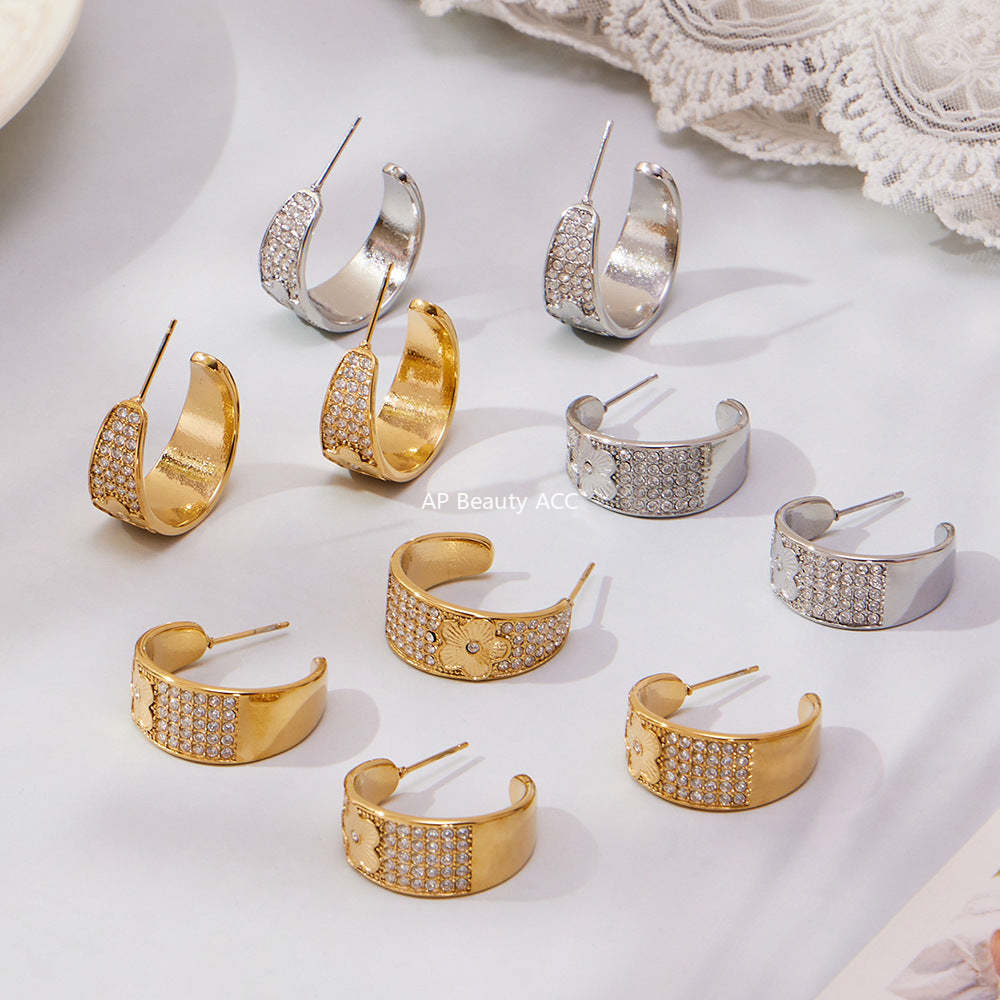 B廠-新款中古風滿鑽C型花點鋯石耳環不鏽鋼鍍18k金跨境珠寶首飾「F954-F983」25.10-5