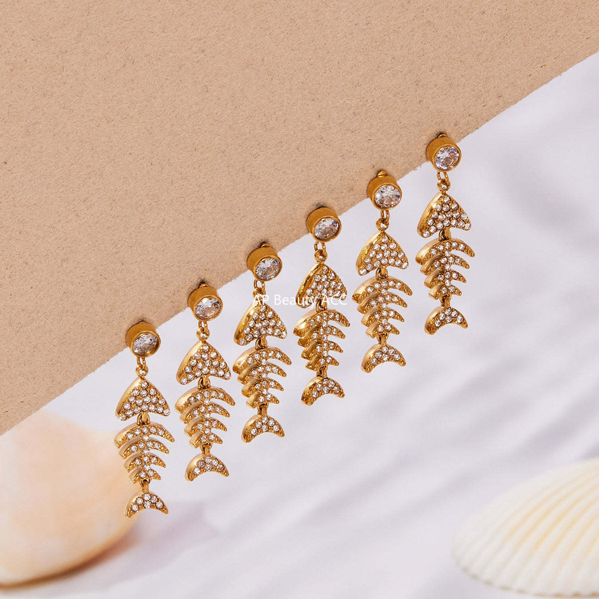 B廠-跨境新款魚骨造型滿鑽鋯石超閃耳環不鏽鋼鍍18k真金不掉色「F1123-F983」25.10-5