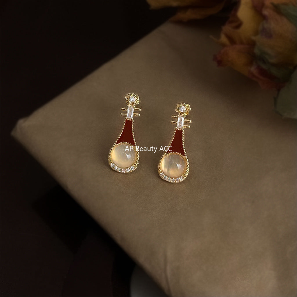 A廠-原創琵琶~瑪瑙文藝氣質微鑲鋯石925銀針琺瑯滴釉酒紅色耳釘耳飾女「6836」25.10-3