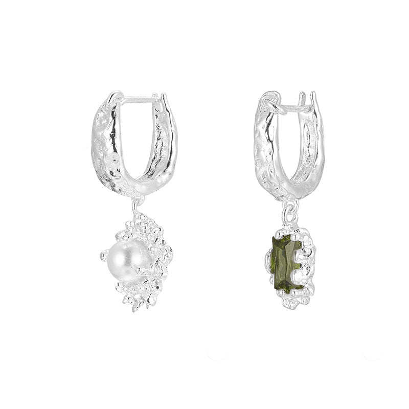 C廠-新中式墨綠鋯石銀針耳環小香風高級感不對稱珍珠耳扣輕奢氣質耳飾「EH-4120」25.10-5