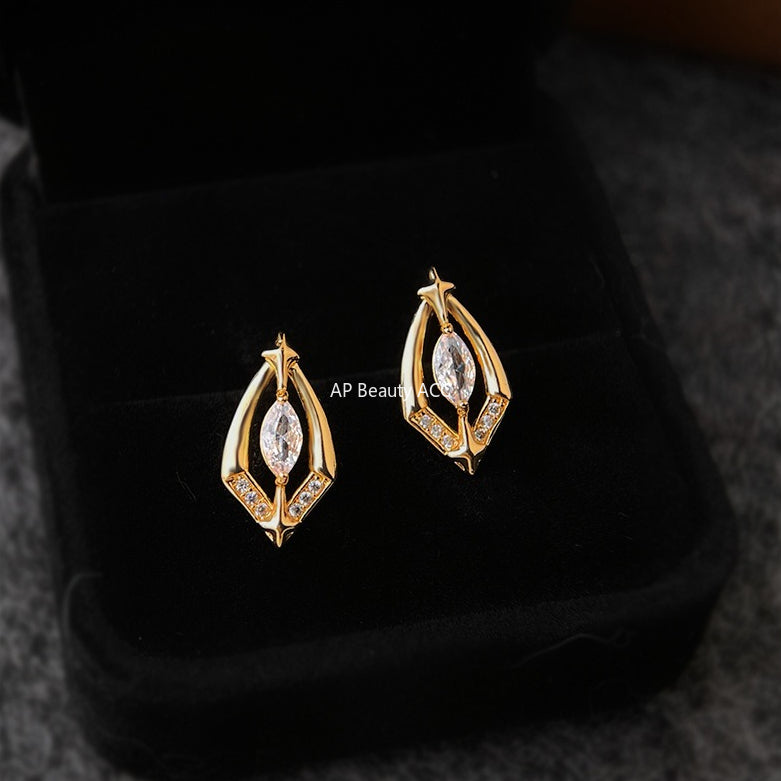 A廠-時尚高級感微鑲鋯石925銀針輕奢風芒星幾何新款耳飾耳環「6912」25.10-2