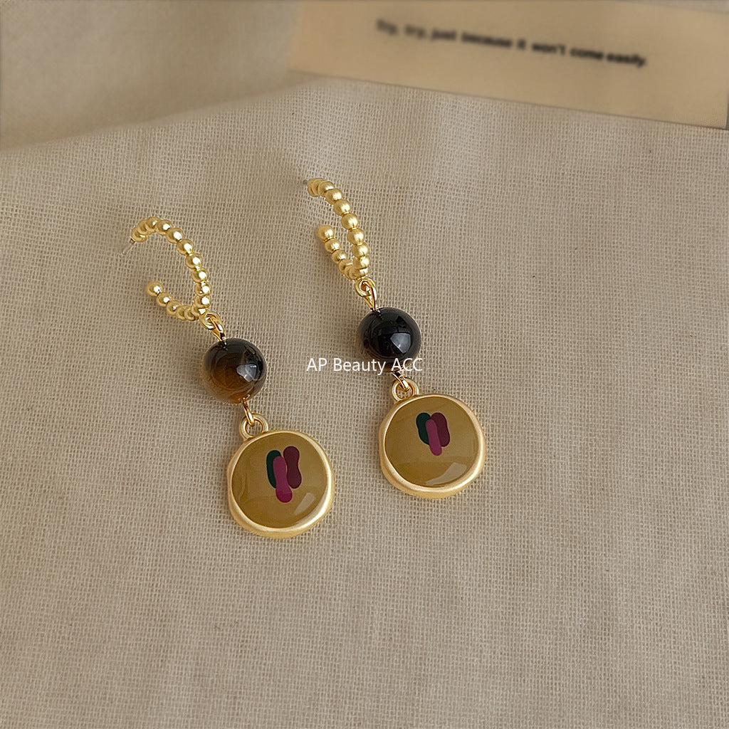 A廠-油畫風文藝復古天然石虎眼石琺瑯滴釉彩繪幾何長耳飾秋冬耳環女「6872」25.10-1