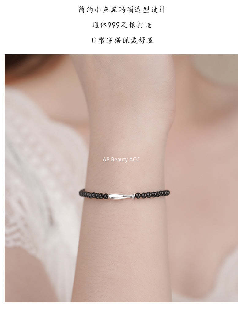 D廠-S999足銀小魚黑瑪瑙手鍊個性創意可愛ins韓風溫柔手飾批發「YC5314SL_1」25.10-5