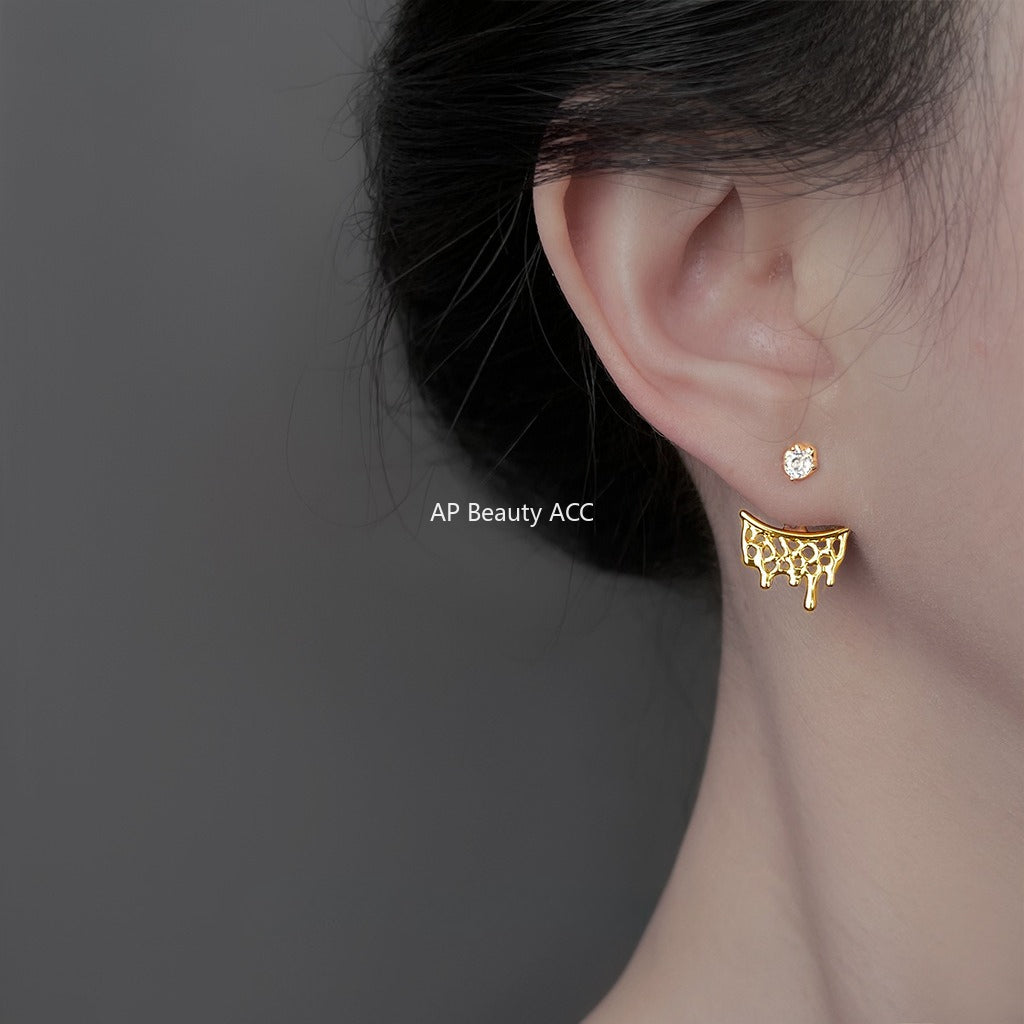 A廠-原廠前後戴~液態鏤空熔化熔點個性設計師新鋯石925銀針耳飾耳環「6901」25.10-2