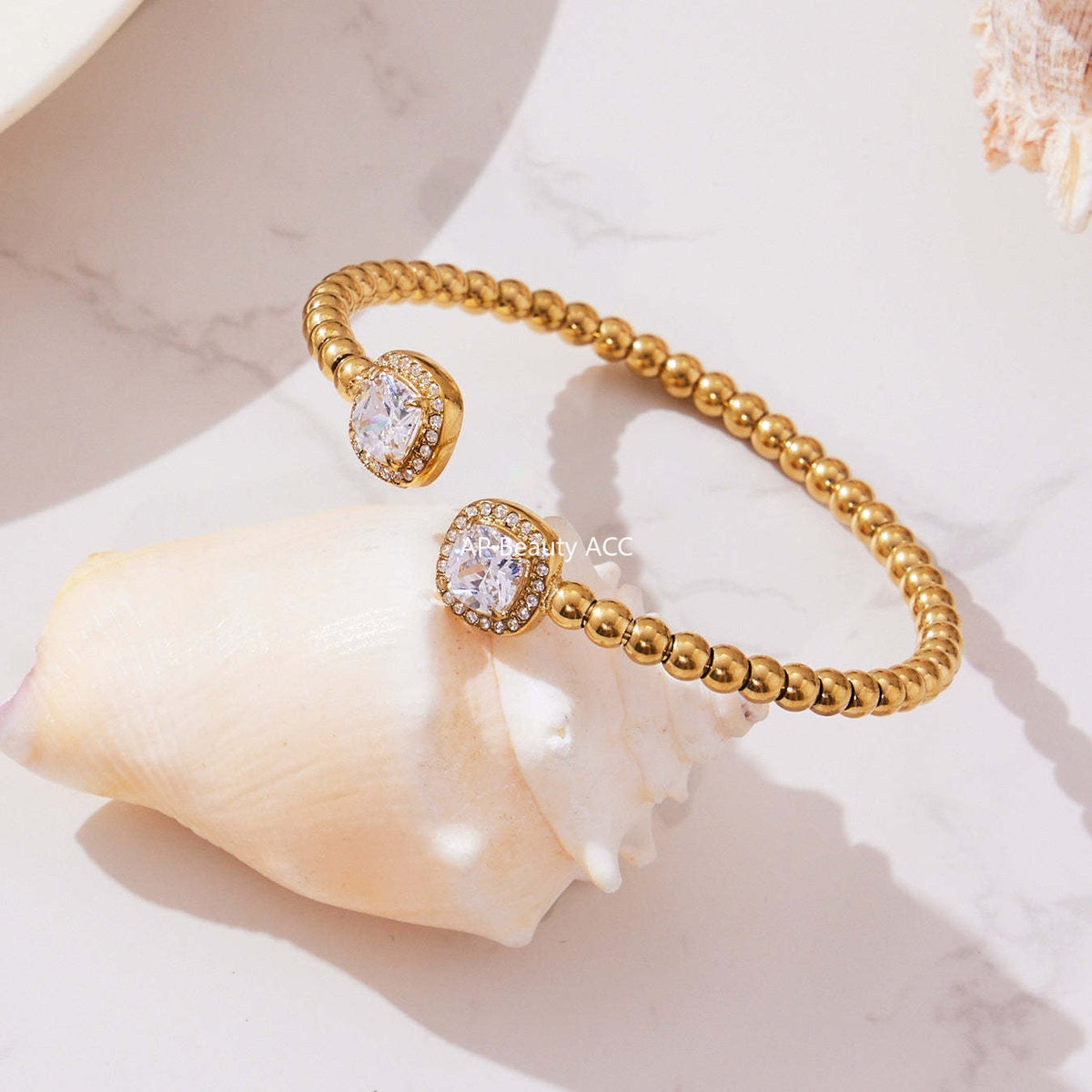 B廠-超閃5A鋯石鋼珠開口彈力繩手鐲不鏽鋼材質鍍18k真金不掉色「Z503-Z504-Z505」25.10-5