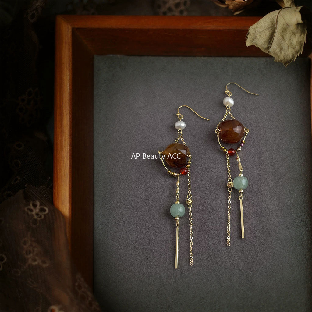 A廠-設計師手工作品!長版文藝復古淡水珍珠美拉德風流蘇耳環工廠耳飾「6935」25.10-3