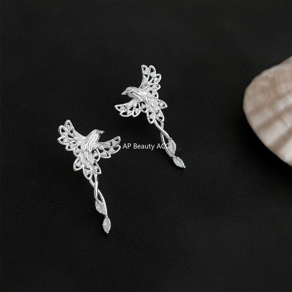 A廠-原創鳳舞~微鑲鋯石925銀針鍍厚銀鳳凰鳥耳環女輕奢風個性小眾耳飾「6854」25.10-3