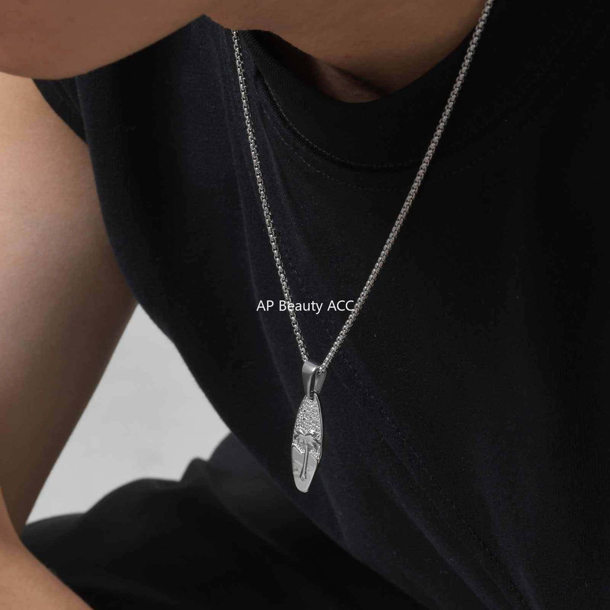 G廠-男士休閒度假風不鏽鋼橢圓椰樹吊墜項鍊 歐美時尚飾品批發「PN-2159」25.10-5