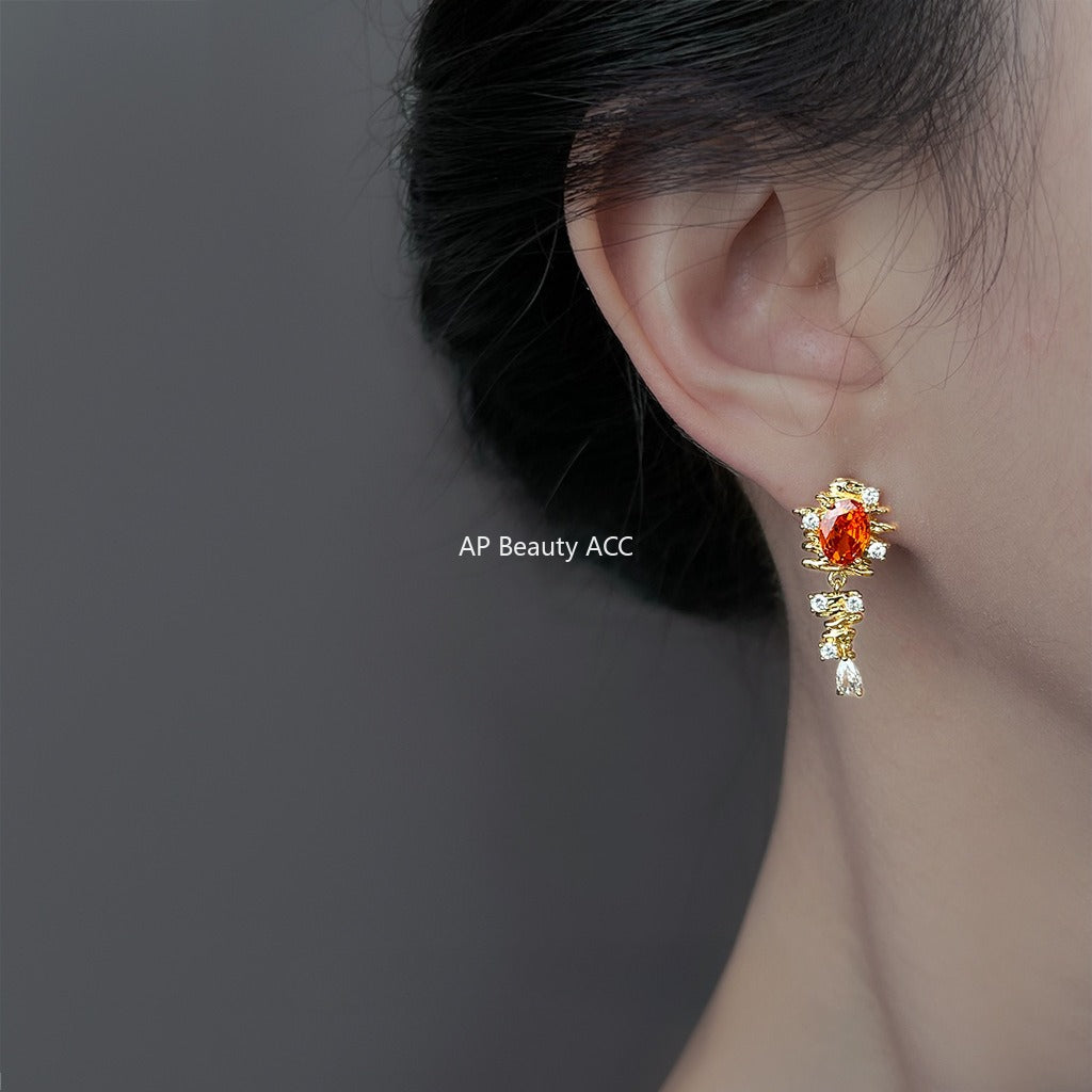 A廠-原創設計時尚高級感秋冬橘紅鋯石文藝復古耳飾S925銀針耳環「6896」25.10-2