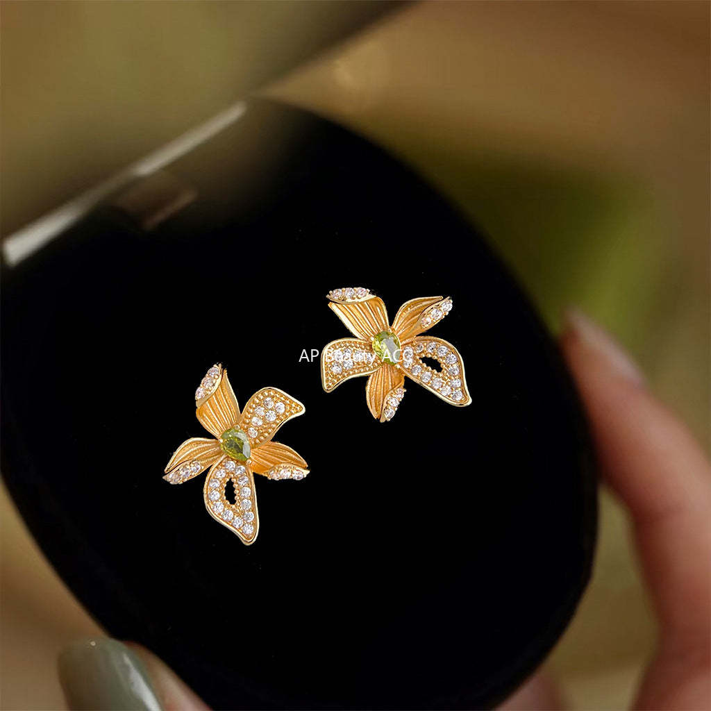 A廠-原創 鳶尾花設計師款微鑲鋯石s925銀針立體新款花朵耳環工廠耳飾女「6993」25.10-5