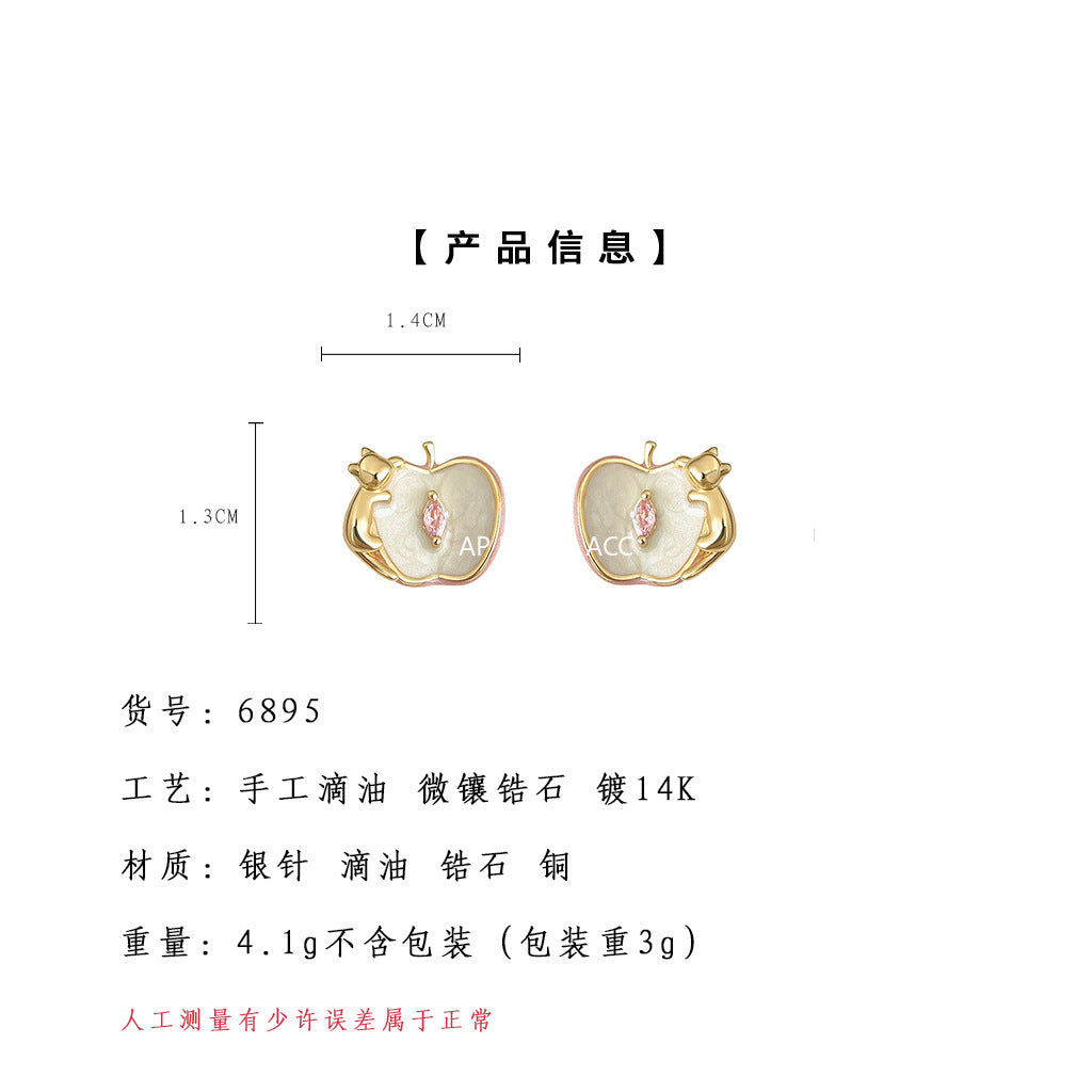 A廠-原創設計師款蘋果與貓咪925銀針琺瑯滴釉彩繪鋯石耳環耳飾女「6895」25.10-2