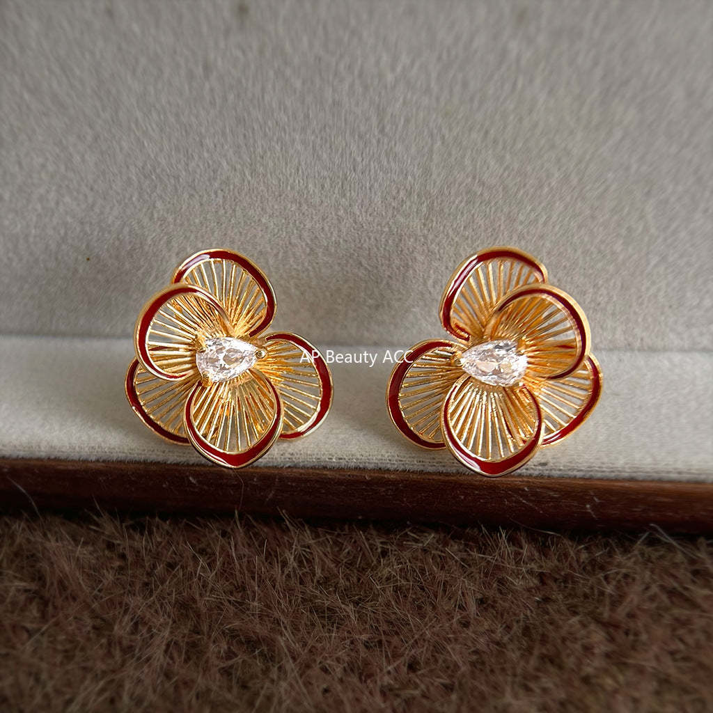 A廠-時尚高級感爆款酒紅色滴釉鑲嵌鋯石立體大花朵耳飾S925銀針耳環女「6982」25.10-5