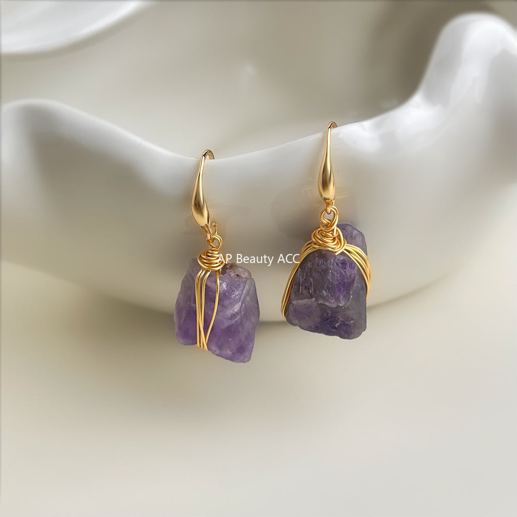 A廠-紫晶石天然石碎石耳環清冷感時尚高級感新中式手工耳飾「6892」25.10-2