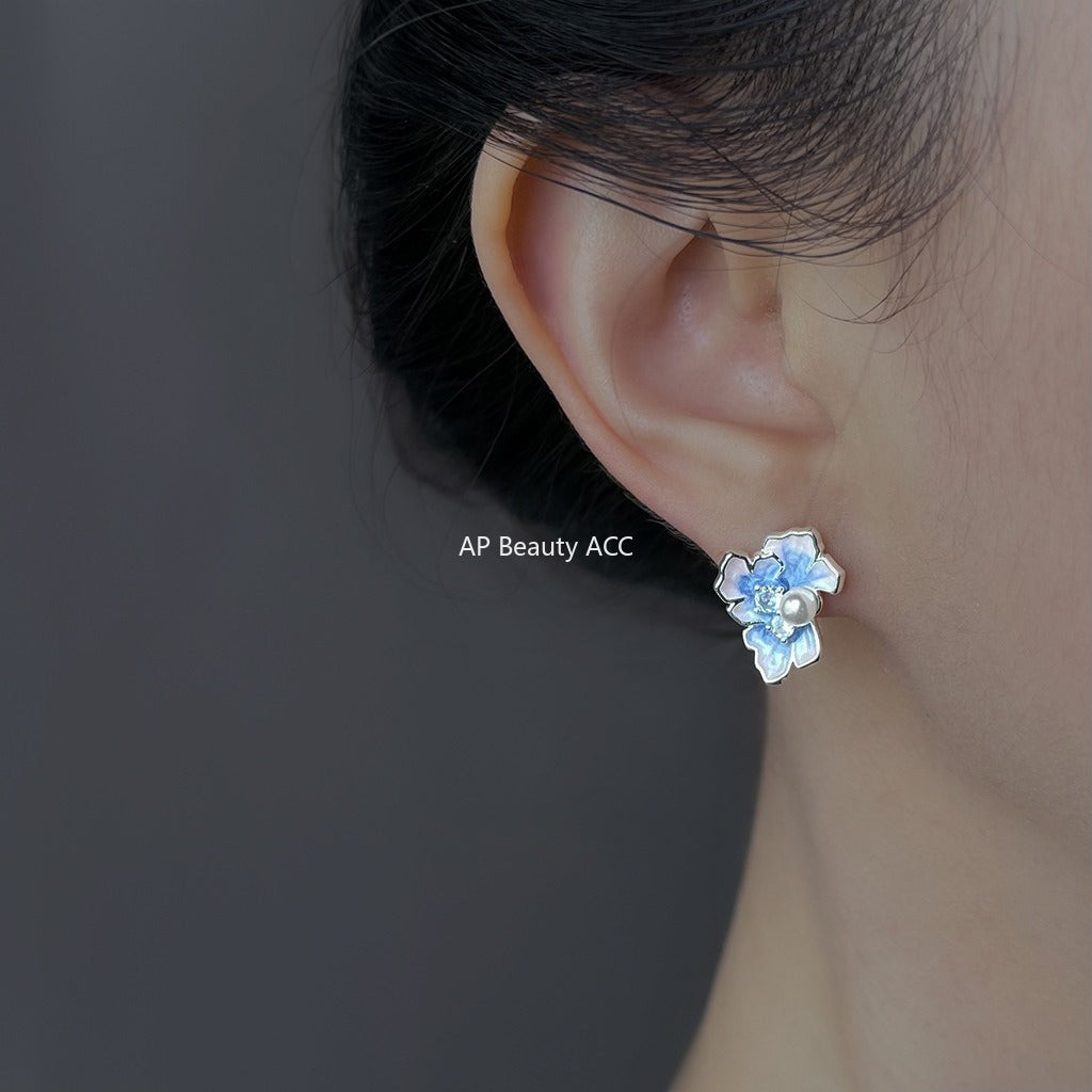 A廠-【鳶尾花系列】~原創925銀針微鑲鋯石琺瑯滴釉彩繪花朵耳環耳飾女「6863」25.10-1