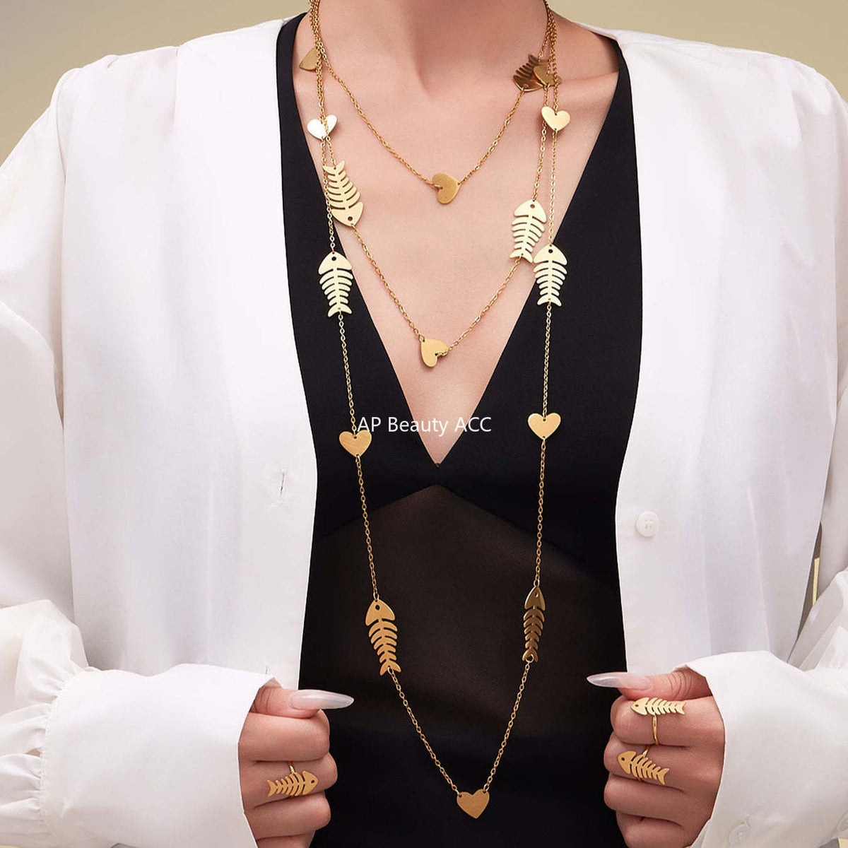 B廠-不鏽鋼18k鍍金魚骨愛心項鍊耳環戒指歐美氣質珠寶首飾套裝「TXP459」25.10-5