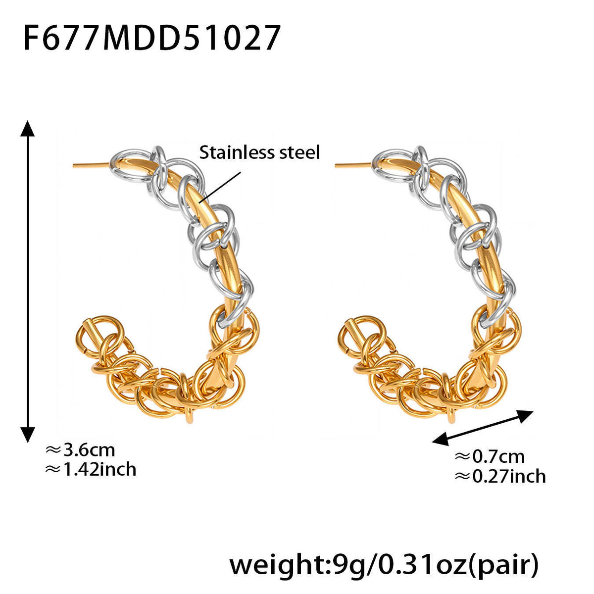 B廠-不鏽鋼嘻哈環扣纏繞C型拼色間電耳環歐美小眾耳飾鍍18k真金「F677」25.10-5